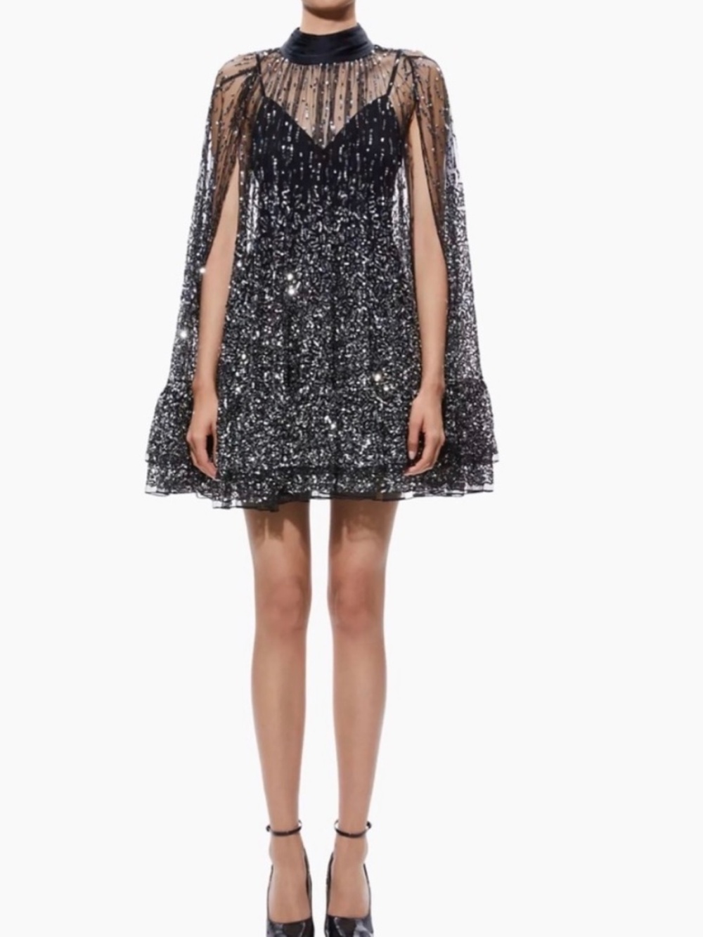 Alice + Olivia Zenon Embellished Black Cape Mini Dress Size US 6 $1,495